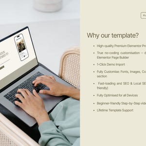May include: A laptop displaying a website with the text "ACTUAL CONVERSATION FOR WOMEN PREPARED TO TAKE UP SPACE" and a phone mockup. The laptop is open on a person's lap, with the person's hands on the keyboard. The image also includes text about an Elementor Pro Template.