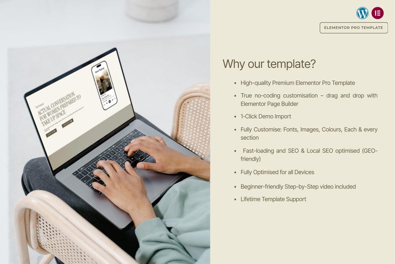 May include: A laptop displaying a website with the text "ACTUAL CONVERSATION FOR WOMEN PREPARED TO TAKE UP SPACE" and a phone mockup. The laptop is open on a person's lap, with the person's hands on the keyboard. The image also includes text about an Elementor Pro Template.
