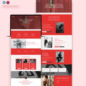 May include: A website template in red and white, showcasing a modern design. The layout features sections for services, client testimonials, and a clear call to action. Text includes "Life Coaching" and "The Real Shift Begins."