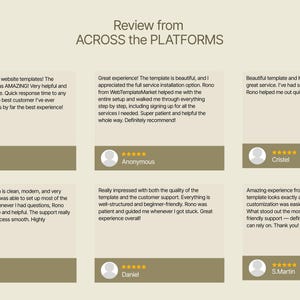 May include: A webpage screenshot displaying customer reviews. The text "Review from ACROSS the PLATFORMS" is at the top. Below are six customer testimonials with star ratings, names, and positive feedback about website templates and customer service.