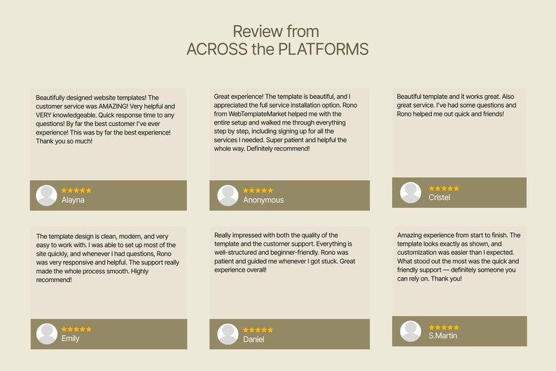 May include: A webpage screenshot displaying customer reviews. The text "Review from ACROSS the PLATFORMS" is at the top. Below are six customer testimonials with star ratings, names, and positive feedback about website templates and customer service.