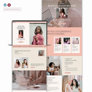 Könnte beinhalten: Website-Design-Vorlage mit einem rosa-beigen Farbschema. Das Design enthält Bilder von Frauen, Text mit der Aufschrift "Ready to Transform Your Life & Success?" und "Transform Your Life With Confidence & Clarity."