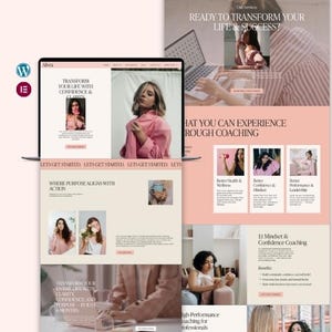 May include: A website design displayed on a laptop, showcasing a webpage with the text "Transform Your Life With Confidence & Clarity". The design uses a pink and beige colour scheme with images of women. The text "Ready to Transform Your Life & Success?" is also visible.