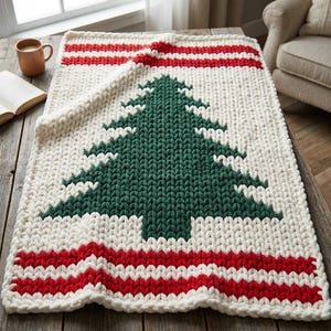 May include: A chunky knit throw blanket in cream, featuring a large dark green pine tree design in the centre and horizontal red and cream striped bands at the top and bottom edges. The blanket has a thick, textured yarn construction.