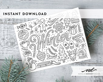 May include: Black and white printable coloring page with the word "Winter" in a large, stylized font. The page is filled with winter-themed illustrations, including a gingerbread person, a snowman, a snowflake, a Christmas tree, a candy cane, a stocking, a hot chocolate mug, and a snow globe.