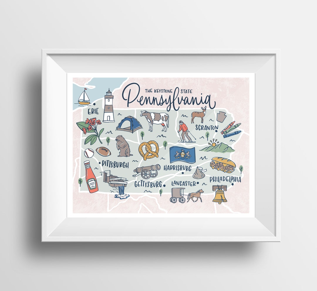 Pennsylvania State Map Lettering Illustration Wall Art Print - 11x14 - Etsy