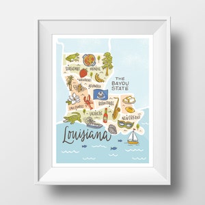 Louisiana Bayou State Map Lettrage Illustration Wall Art Print - 11x14