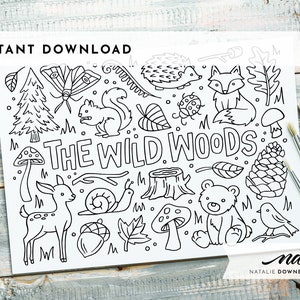 野生の森のぬり絵ページ、インスタントデジタルダウンロード、大人や子供向けの森林の動物の印刷可能、誕生日パーティーの記念品アクティビティ