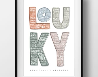 May include: A colorful typography art print featuring the word "Kentucky" with a list of landmarks and places of interest in Louisville, Kentucky. The print is in shades of blue, green, and pink.