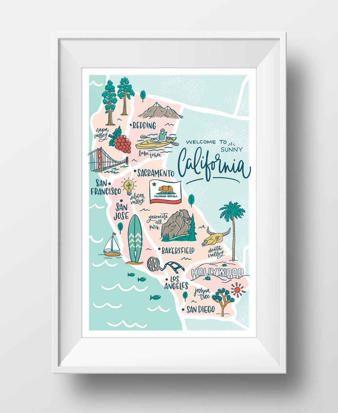 California Map Lettering Illustration Wall Art Print - 11x17 - Etsy