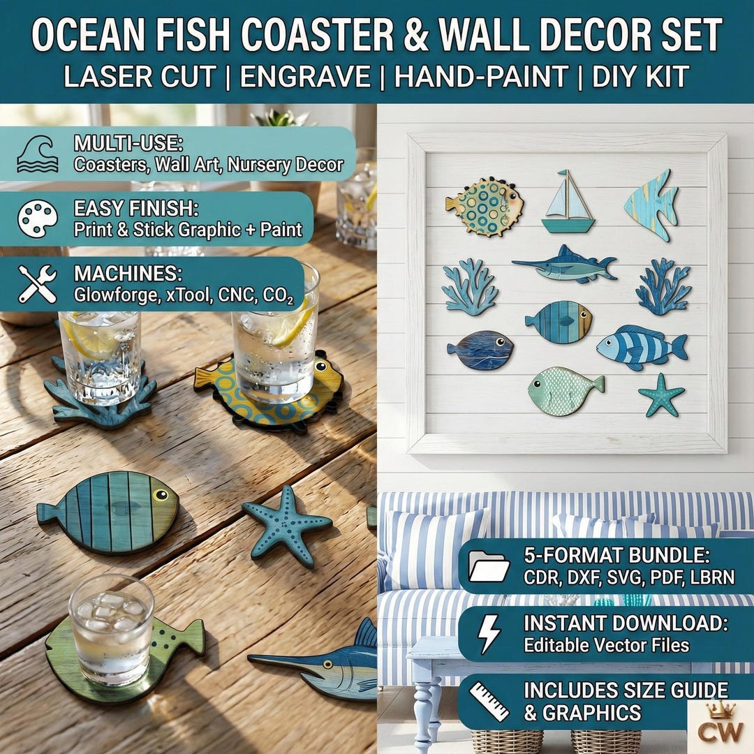 Ocean Fish Coaster & Wall Decor Set – Editable Laser Cut Files (digital ...