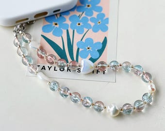 電話用リストストラップ、ピンクとブルーのガラスビーズの電話チャーム、マーメイドコアの電話用ランヤード、彼女への手作りの妖精ギフト