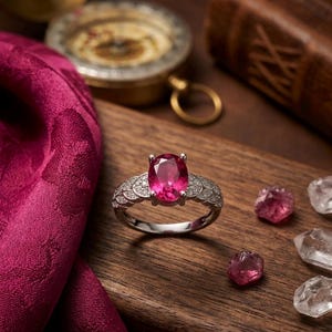 Peut inclure: Une bague en argent ornée d'une grosse pierre précieuse rose ovale. La bande est ornée de petites pierres claires. La bague est posée sur une surface en bois, avec une boussole, un livre et des pierres précieuses roses et claires en arrière-plan.