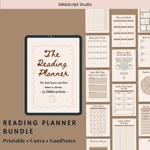 Könnte beinhalten: Ein digitales Leseplaner-Bundle in Creme- und Brauntönen. Der Planer enthält Seiten für Lieblingsbücher, Notizen zum Buchclub und eine 30-Tage-Challenge. Der Titel "The Reading Planner" ist prominent dargestellt.