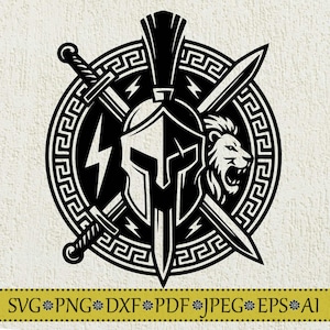 May include: A black and white graphic design featuring a central Spartan helmet, a roaring lion head, and two crossed swords. The emblem is enclosed in a circular frame with a Greek key pattern and lightning bolts. Text at the bottom reads SVG PNG DXF PDF JPEG EPS AI.