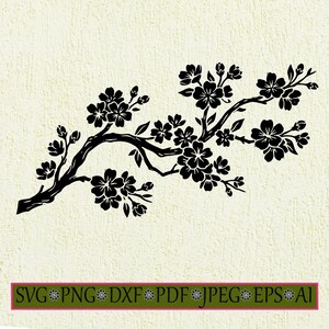 May include: Black floral branch design with leaves and flowers. The image is a silhouette of a flowering branch, perfect for digital art projects. The bottom of the image has the following text: SVG PNG DXF PDF JPEG EPS AI.