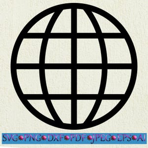 Könnte beinhalten: Ein schwarzes Globus-Symbol mit horizontalen und vertikalen Linien, das die Welt darstellt. Das Bild enthält den Text "SVG PNG DXF PDF JPEG EPS AI" in einem blauen Banner unten. Das Design ist einfach und grafisch.