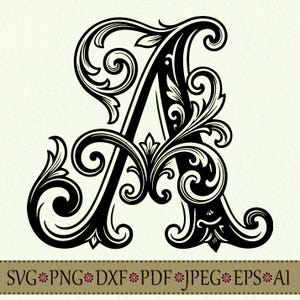 May include: A black letter A with intricate scrollwork and filigree patterns. Below the letter, a horizontal bar contains the text SVG, PNG, DXF, PDF, JPEG, EPS, AI, separated by small red flower icons on a light beige background.