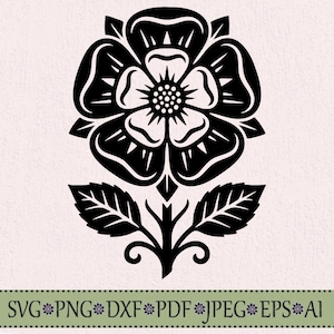 May include: A black graphic illustration of a five-petaled Tudor rose with a central stamen and two leaves on a stem. Below the flower, a horizontal bar contains the text SVG, PNG, DXF, PDF, JPEG, EPS, AI separated by small flower icons.