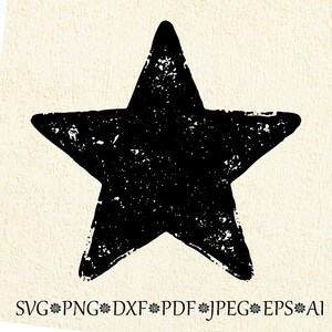 Puede incluir: Un gráfico de estrella negra desgastada sobre un fondo crema. La estrella tiene una apariencia texturizada y grunge. Debajo de la estrella están las opciones de formato de archivo: SVG, PNG, DXF, PDF, JPEG, EPS y AI.