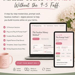 Peut inclure: Publicité pour la masterclass "The Dopamine Diary", avec un ordinateur portable et une tablette affichant le contenu du cours. Une tasse rose avec "Focus Plan Earn Repeat" est à gauche. Le texte promeut la création de revenus en ligne avec une méthode sans visage.