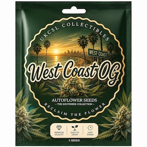 Puede incluir: Un paquete de semillas rectangular de color verde oscuro con una escena costera al atardecer, palmeras y un letrero de West Coast. El texto dice UKCSL COLLECTIBLES, West Coast OG, AUTOFLOWER SEEDS, THE SOUVINEER COLLECTION, RECLAIM THE FLOWER y 3 SEEDS.