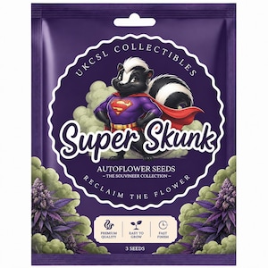 Puede incluir: Un paquete de semillas morado con una mofeta de dibujos animados en traje de superhéroe con capa roja. El texto dice UKCSL COLLECTIBLES, Super Skunk, AUTOFLOWER SEEDS, THE SOUVINEER COLLECTION, RECLAIM THE FLOWER, PREMIUM QUALITY, EASY TO GROW, FAST FINISH, 3 SEEDS.
