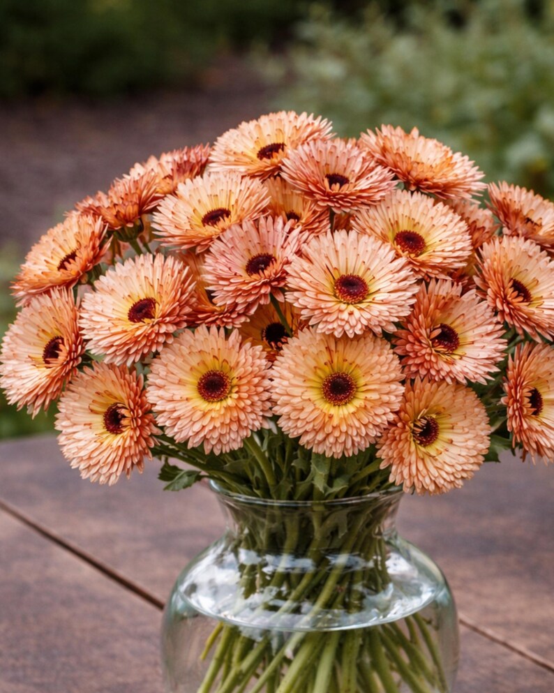 Peut inclure: Un bouquet de fleurs orange et jaune avec des centres brun fonc&eacute; dans un vase en verre transparent. Les fleurs ont plusieurs couches de p&eacute;tales, cr&eacute;ant un aspect plein et textur&eacute;. Le vase est pos&eacute; sur une surface en bois.