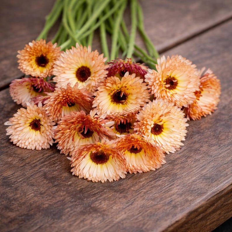 Peut inclure: Un bouquet de fleurs orange et jaune avec des centres brun fonc&eacute;, dispos&eacute;es sur une surface en bois rustique. Les fleurs ont plusieurs couches de p&eacute;tales, cr&eacute;ant un aspect textur&eacute;. Des tiges vertes s'&eacute;tendent des fleurs.