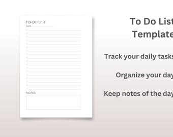 Puede incluir: Una plantilla de lista de tareas pendientes blanca con una sección con líneas para tareas y una sección de notas. Se muestra el texto "To Do List Template", junto con las frases "Track your daily tasks", "Organize your day" y "Keep notes of the day".