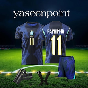 May include: A complete soccer uniform set, featuring a blue and black jersey with the number 11 and the name "Raphinha" on the back. Includes matching shorts, socks, and shin guards. The text "yaseenpoint" is displayed at the top.