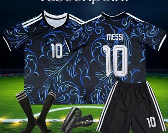 Conjunto de fútbol infantil Argentina 2026 Messi 10: camiseta, pantalón corto y calcetines.