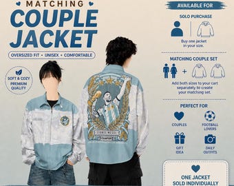 Chaqueta para pareja argentina, chaqueta de fútbol a juego, estilo urbano inspirado en Messi, chaqueta unisex extragrande, regalo para aficionados al fútbol, atuendo estético.