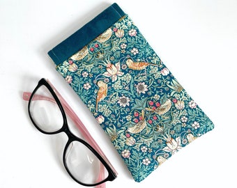 Handmade luxury velvet topped Liberty London William Morris Strawberry Thief print glasses case - sunglasses pouch flex frame padded