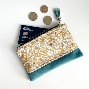 Handmade Teal Velvet Liberty of London June’s Meadow Mustard Floral Coin Purse Multi Floral Garden Party Zip Pouch Teal