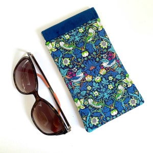 Handmade luxury velvet topped Liberty London William Morris Strawberry Thief print glasses case - sunglasses pouch flex frame padded blue