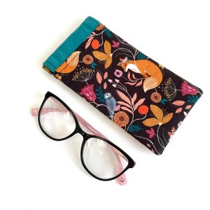 Handmade luxury velvet fox floral print glasses case - sunglasses pouch flex frame padded teal black fabric snap top bird