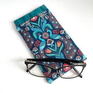 Handmade luxury velvet peacock bird floral print glasses case sunglasses pouch flex frame padded teal turquoise metallic copper fabric image 8