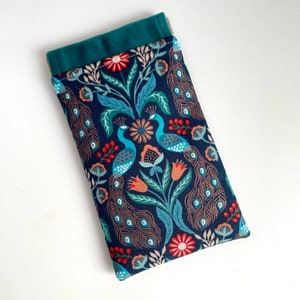 Handmade luxury velvet peacock bird floral print glasses case sunglasses pouch flex frame padded teal turquoise metallic copper fabric image 5