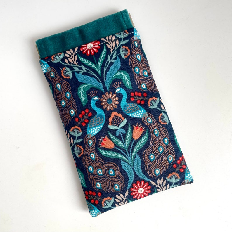 Handmade luxury velvet peacock bird floral print glasses case sunglasses pouch flex frame padded teal turquoise metallic copper fabric image 5