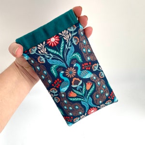 Handmade luxury velvet peacock bird floral print glasses case sunglasses pouch flex frame padded teal turquoise metallic copper fabric image 4