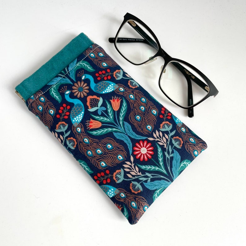 Handmade luxury velvet peacock bird floral print glasses case sunglasses pouch flex frame padded teal turquoise metallic copper fabric image 2