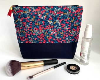 Handmade Liberty of London Red Blue Navy Floral Berry Make Up Cosmetic Toiletries Wash Bag Zipper Pouch Travel Bag