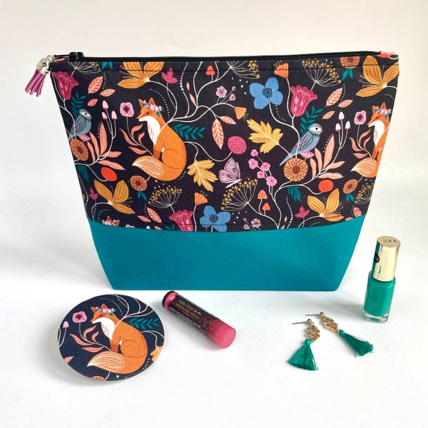 Handmade Fox Floral Print Teal Pink Black Floral Make Up Bag Makeup Bag - Cosmetic Toiletries Wash Bag Zipper Pouch Travel Gift Set Mirror