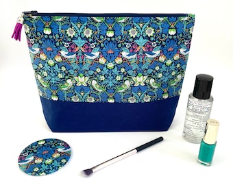 Handmade Liberty Strawberry Thief Blue Green Floral Bird Make Up Cosmetic Toiletries Wash Bag Zipper Pouch Travel Bag Makeup William Morris