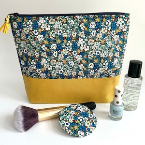 Handmade Liberty of London Mustard Blue Floral Multi Make Up Cosmetic Toiletries Wash Bag Zipper Pouch Travel Bag Makeup