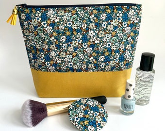 Fait main Liberty of London Bleu moutarde Floral Multi-maquillage Produits de toilette cosmétiques Trousse de toilette Pochette à glissière Trousse de voyage Maquillage