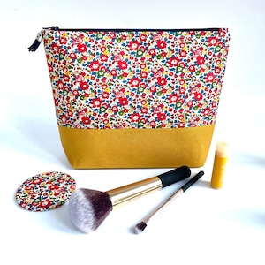 Handmade Liberty of London Mustard Red Blue Floral Multi Make Up Cosmetic Toiletries Wash Bag Zipper Pouch Travel Bag Makeup
