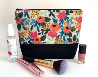 Handmade Floral Rose Print Make Up Bag Makeup Bag - Rifle Paper Co Cosmetic Toiletries Wash Bag Zipper Pouch Travel Bag Mum Gift Black Pink