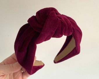 Handmade Burgundy Velvet Luxury Hairband Headband - knotted turban wide fabric alice band hair deep red maroon wine